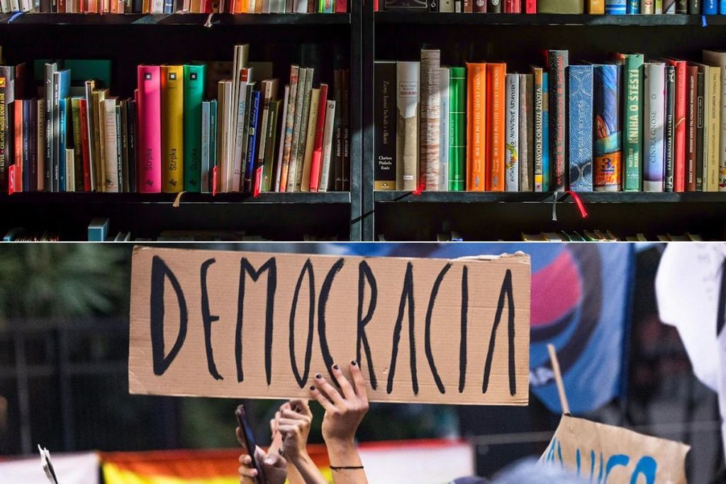 Imagem mostra montagem com estante de livros acima e uma pessoa segurando um cartaz escrito democracia abaixo.