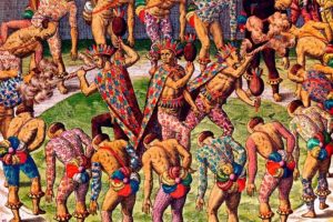 Gravura de Theodor de Bry (século 16) mostra indígenas Tupinambás usando mantos durante cerimônia